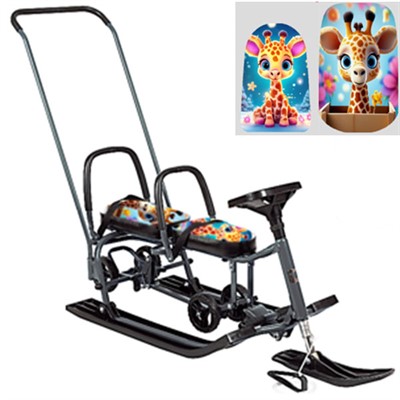 Снегокат 507 высокий SNOWKAT TWINS BABY Wheel для двоих, с 2 склад спинк. П-обр толкат. колёса Жирафики - фото 28040943