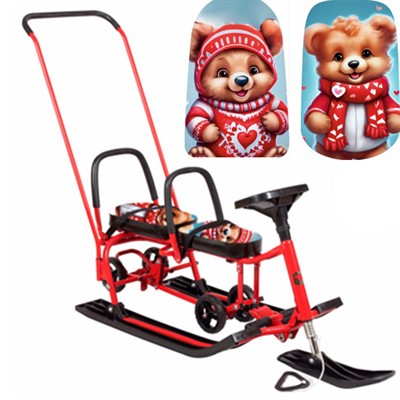 Снегокат 507 высокий SNOWKAT TWINS BABY Wheel для двоих, с 2 склад спинк. П-обр толкат. колёса Медвежонок - фото 28040957