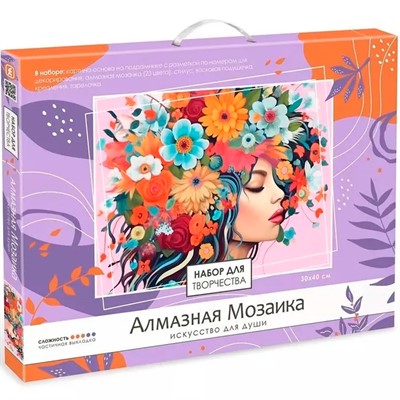 Набор для творчества Алмазная мозаика на подрамнике 30*40 частичная выкладка Девушка в цветах 08690 - фото 39374234