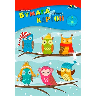 Цветной картон А4 8л,8цв. + цветная бумага А4 16л, 8цв., "Совята" С1832-14 - фото 47057301