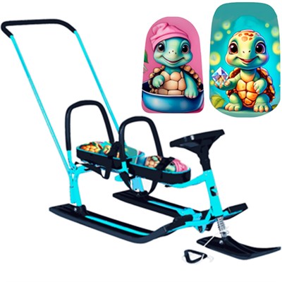 Снегокат 505 высокий SNOWKAT TWINS BABY PUSH для двоих, с 2 скл. спинк. П-обр толкатель Черепашки - фото 47064981