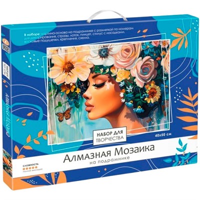 Набор для творчества Алмазная мозаика на подрамнике 40*50 см полная выкладка Девушка в синих цветах 09195 - фото 47074888