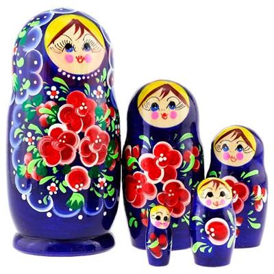 Деревянная Матрёшка цветочки синяя 5 шт MS0503rojP-14 - фото 48902271