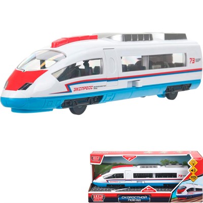 Модель ELTRAIN-30PL-BUWH-WOD Электропоезд 30 см, двери, 4 кноп, инерц, бел свет-звук Технопарк  в кор. - фото 54343259