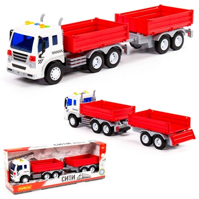 Автомобиль Сити бортовой с прицепом инерционный со светом и звуком красный в коробке 93110 П-Е /4/ - фото 56027491