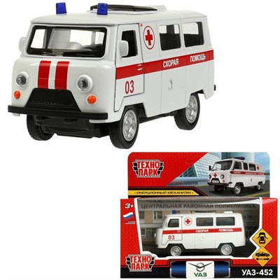 Модель UAZ452-11AMB-WH УАЗ-452 "буханка" СКОРАЯ 10,5 см, двери, инерц Технопарк в кор. - фото 56942310