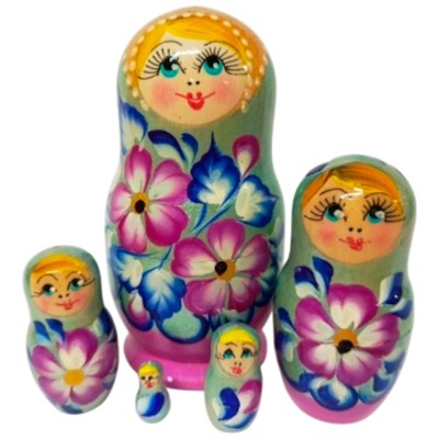 Деревянная Матрешка 5 в 1 малая Цветы. Фиалки на синем с золотом, Эскиз 08 М05110408 - фото 60152934