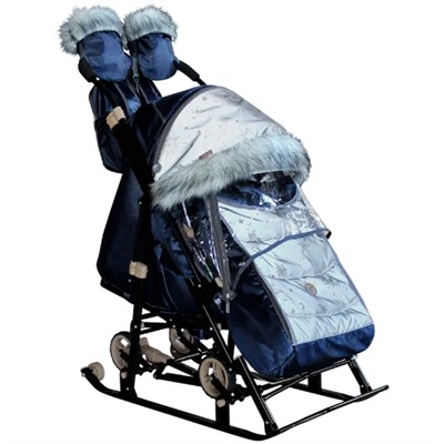 Санки коляска Galaxy Glory Gloss Сатин темно-синий + светоотражающая ткань - фото 62763395