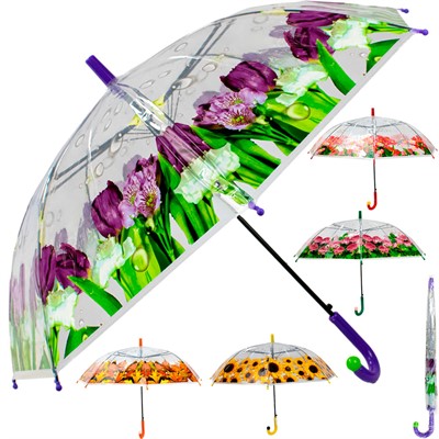 Зонт 50см 150P28/141V-251 прозрачный с цветами цв.асс. - фото 62764906