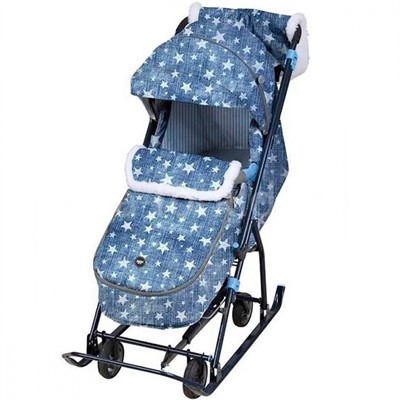 Санки коляска Наши детки 6 НДТ6/ДЗ Джинс со звездами серый каркас /Ника/ - фото 62765373