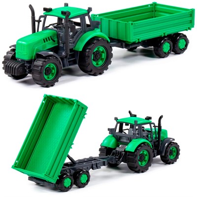Трактор Прогресс с бортовым прицепом инерционный зелёный в лотке 94605 П-Е - фото 62780026
