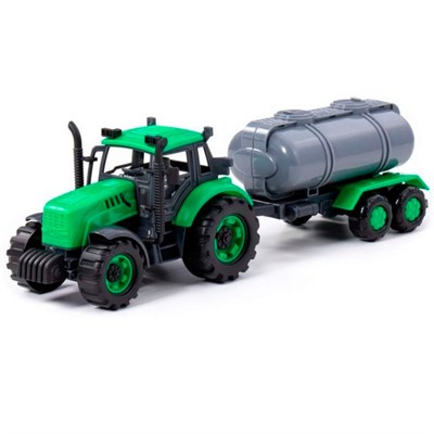 Трактор Прогресс с прицепом-цистерной инерционный зелёный в лотке 94636 П-Е - фото 62780035