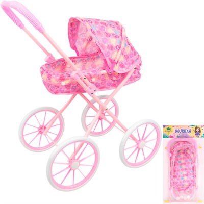 Коляска д/куклы Miss Kapriz MKD15A Сердечки на розовом, большие колеса в пак. - фото 62794853