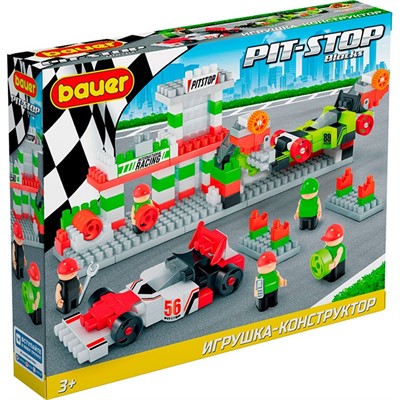 Конструктор Bauer 829 Набор из 2х гоночных машин с автосервисом "pit stop" (цвет красн, белый, салат,че - фото 62795989