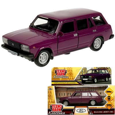 Модель 2104-12-PRP ВАЗ-2104 ЖИГУЛИ 12 см, двери, багаж, инерц, баклажан Технопарк  в коробке - фото 62802483