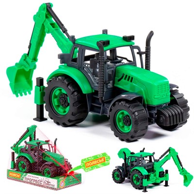 Экскаватор Прогресс инерционный зелёный в лотке 94612 - фото 62813466
