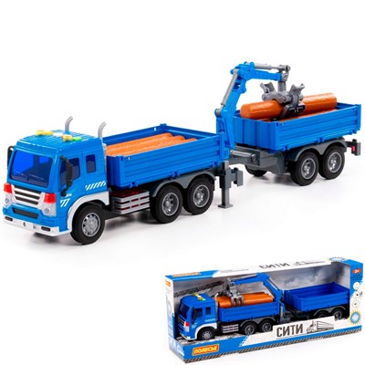 Автомобиль Сити бортовой с манипулятором и прицепом инерционный со светом и звуком синий в коробке 96036 П-Е /4/ - фото 62813527