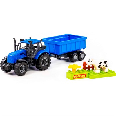 Трактор Прогресс с прицепом инерционный синий + конструктор Макси 6 элементов 02284 П-Е /8/. - фото 62814015