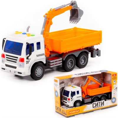 Автомобиль Сити бортовой с ковшом инерционный со светом и звуком оранжевый в коробке 96005 П-Е - фото 62815478
