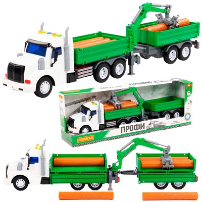 Автомобиль Профи бортовой с манипулятором и прицепом инерционный со светом и звуком зелёный 96166 П-Е - фото 62815493