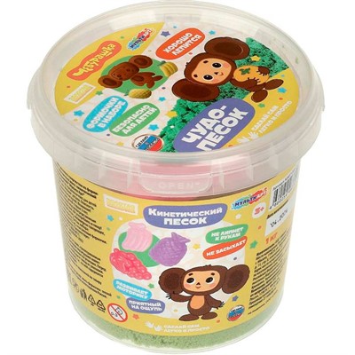 Набор для творчества Кинетический песок Чебурашка с формочками в ведре, зелёный, 1 кг MultiArt KINET1000-122124 - фото 69766183