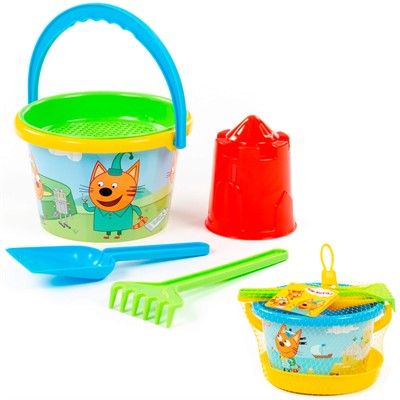 Песочный набор Три кота.Мир приключений №4:Ведро среднее с наклейкой,ситечко,лопатка,грабельки,формочка замок башня 91604 - фото 69772542