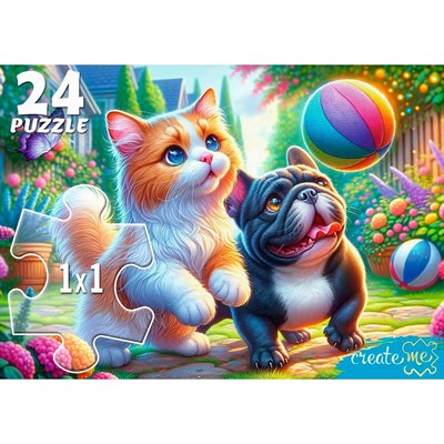 Пазл 24 Макси Кот и щенок с мячом УК24-0210 - фото 69775468