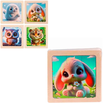Деревянная Пазл-рамка Милые животные-3 10x10 см, 4 шт. в наборе ИД-0207 - фото 69776495