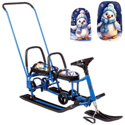 Снегокат 507 высокий SNOWKAT TWINS BABY Wheel для двоих, с 2 склад спинк. П-обр толкат. колёса Пингвинчики - фото 69782417