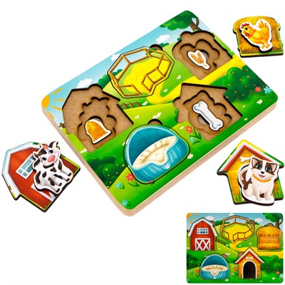 Деревянная Рамка вкладыш многоуровневая Домашние животные, кто где живет? ОА-00000474 /Арбо/ - фото 69783596