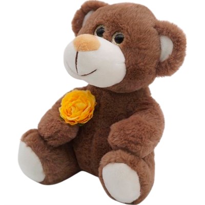 Медвежонок Сильвестр шоколадный 20/25 см с желтой розой 0913620-211 - фото 69783813