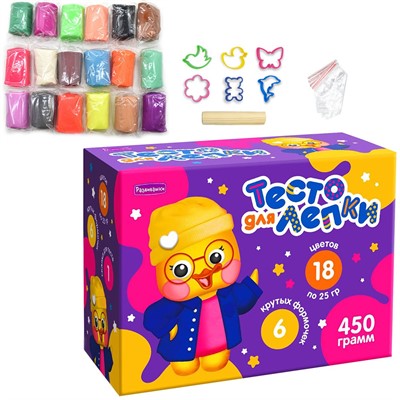 Набор для творчества Тесто для лепки, тесто 450 гр, 18 цветов, 6 форм, скалка П117 - фото 69787750