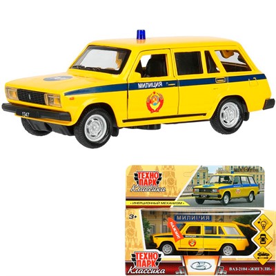 Модель 2104-12SLPOL-YE свет-звук ВАЗ-2104 жигули милиция 12 см,двери,желтый Технопарк в кор. - фото 69822728