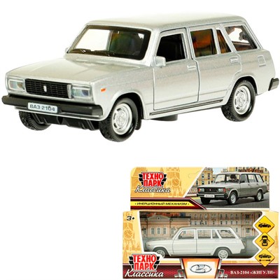 Модель 2104-12-SR ВАЗ-2104 ЖИГУЛИ 12 см, двери, багаж, инерц, серебристая Технопарк в кор. - фото 69874757