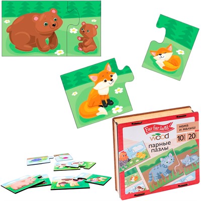 Деревянный Пазл 20 пар Мама и малыш Far far land Wood 04688 - фото 69878270