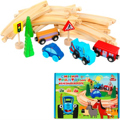 Деревянная Железная дорога Синий трактор 21 элемент Буратино STR39 - фото 69878314