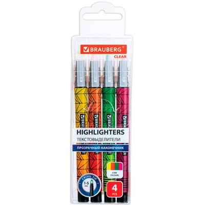 Набор текстовыделителей с прозрачным наконечником 4 цв. BRAUBERG Clear линия 1-5 мм 152426 - фото 69881509