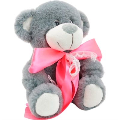 Медвежонок Сильвестр серый 20/25 см с шариками для мелкой моторики в роз. атласном банте 0913920-14 - фото 69891068