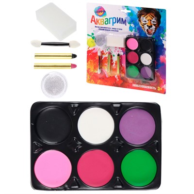 Набор для творчества Аквагрим для детей-6 цвет,гель для тел и лиц -1шт,каран-2шт,спон 1шт,аппл 1шт КС-3596 - фото 69895403