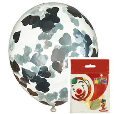 Шар 12"/30см Декоратор TRANSPARENT наполнение сердца конфетти фольга серебро 2шт 6053796 /цена за упак/ - фото 69895486