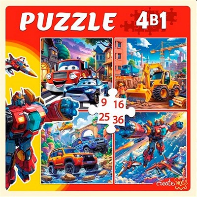 Пазл 4 в 1 9,16, 25, 36 эл. Машины и роботы П-7587 - фото 69898506