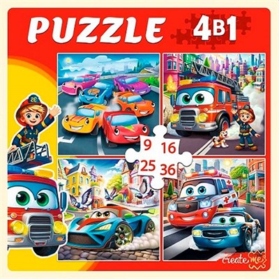 Пазл 4 в 1 9,16, 25, 36 эл. Машинки в городе П-7585 - фото 69898515