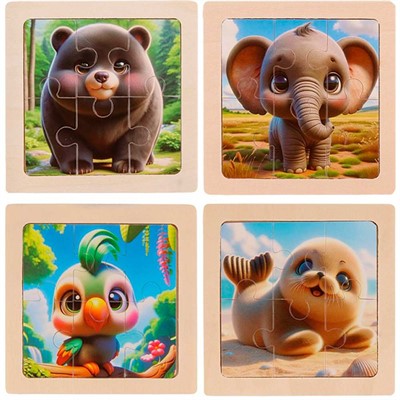 Деревянная Пазл-рамка Милые животные-4 10x10 см, 4 шт. в наборе ИД-0208 - фото 69907347