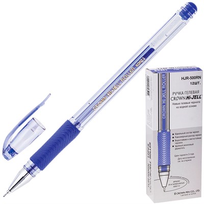 Ручка гелевая синяя 0,5мм Crown "Hi-Jell Grip игольчатый стержень HJR-500NB - фото 69907821