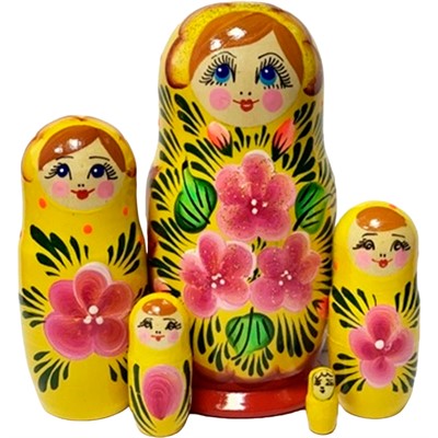 Деревянная Матрешка 5 в 1 малая Цветы, Эскиз 22, Ноготки на желтом М05110322 - фото 69911004