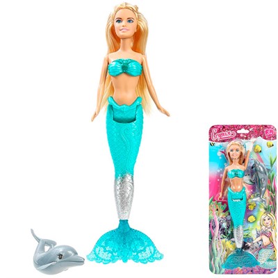 Кукла Карапуз 66001BLST-M2-S-BB 29см Русалка с пластиковым хвостом, дельфин - фото 69911374