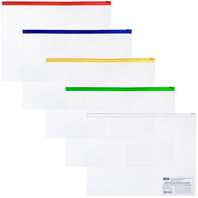 Папка-конверт на молнии А4ф с карманом для визитки Прозрачная 130мкм 325х240мм Ассорти 086342 - фото 69916949