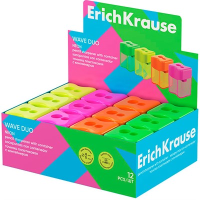 Точилка пластик Wave Duo, Neon с контейнером ассорти 60057 ErichKrause - фото 69934834