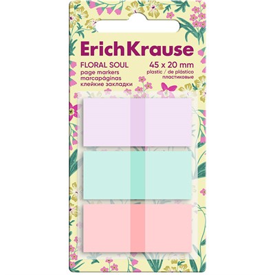 Клейкие закладки пластиковые Floral Soul 60 листов, 3 цвета, z-сложение 63177 ErichKrause - фото 69934886