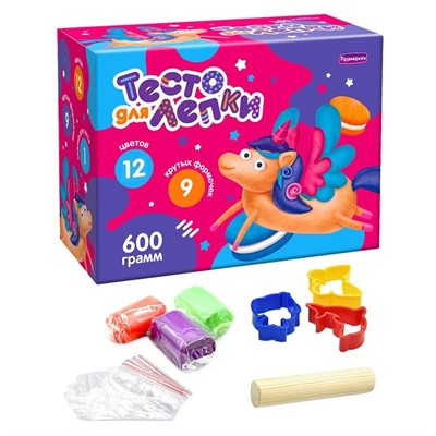 Набор Для Творчества Тесто для лепки в коробке, тесто 600 гр, 12 цветов, 9 форм, скалка П118 - фото 69935133